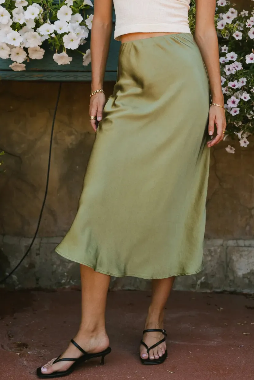 Skirts | All Bottoms>Bohme Lovinia Satin Midi Skirt in Olive