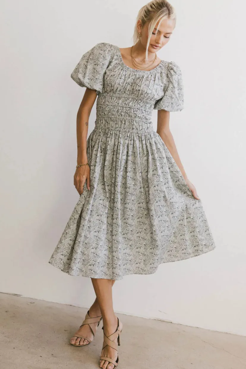 Dresses | Midi Dresses>Bohme Lucille Smocked Floral Dress in Navy