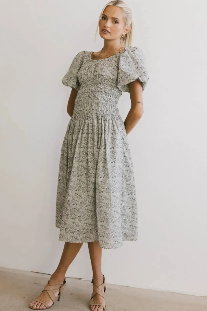 Dresses | Midi Dresses>Bohme Lucille Smocked Floral Dress in Navy