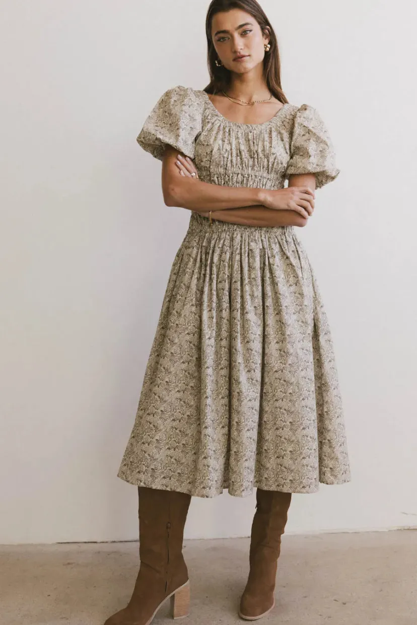 Dresses | Midi Dresses>Bohme Lucille Smocked Floral Dress in Olive