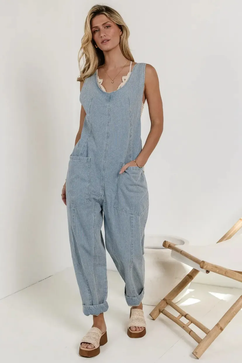 Dresses | Jumpsuits & Overalls>Bohme Madeline Jumpsuit in Striped Lightwash