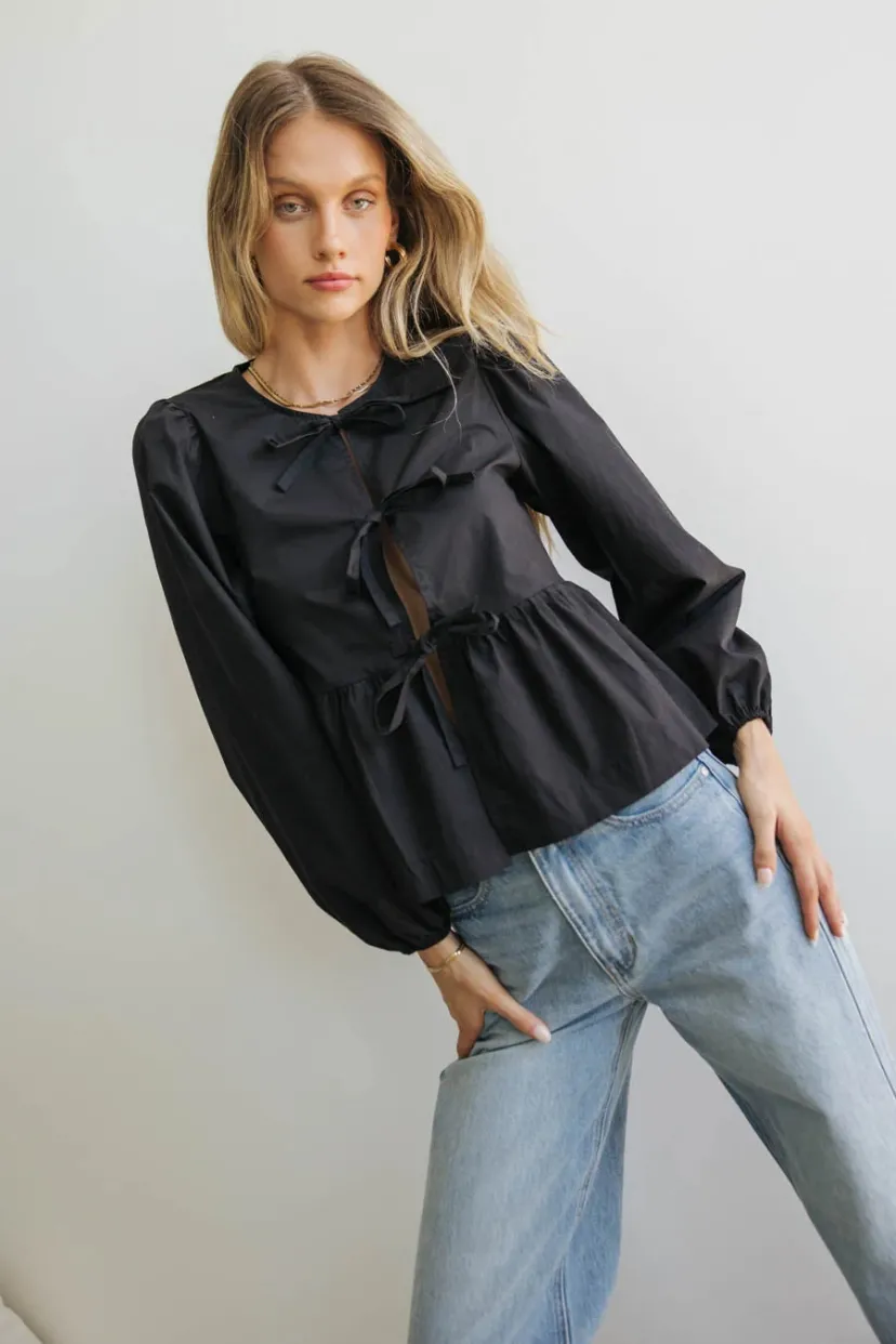 Tops | Blouses>Bohme Maggie Peplum Tie Blouse in Black