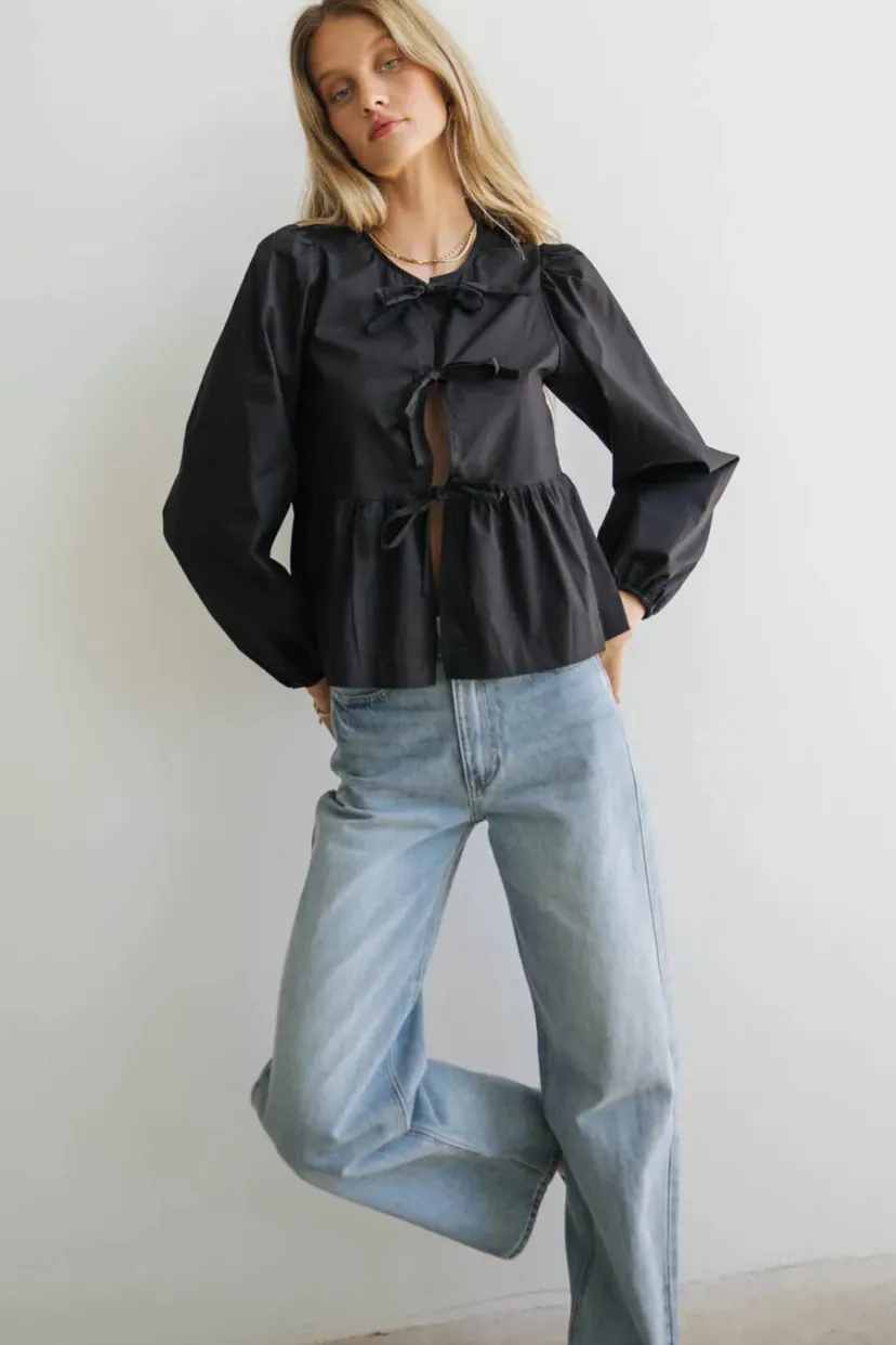 Tops | Blouses>Bohme Maggie Peplum Tie Blouse in Black