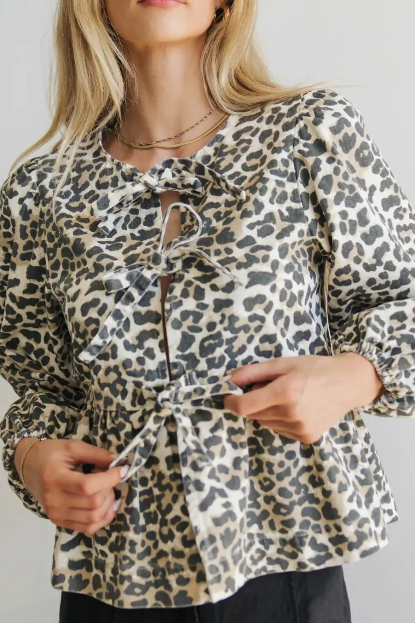 Tops | Blouses>Bohme Maggie Peplum Tie Blouse in Leopard