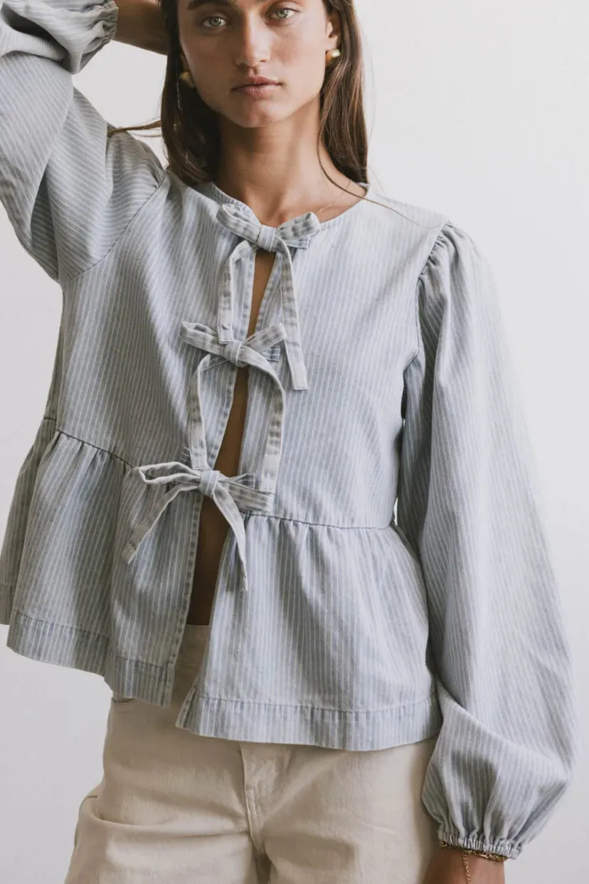 Tops>Bohme Maggie Peplum Tie Blouse in Light Wash Lightwash