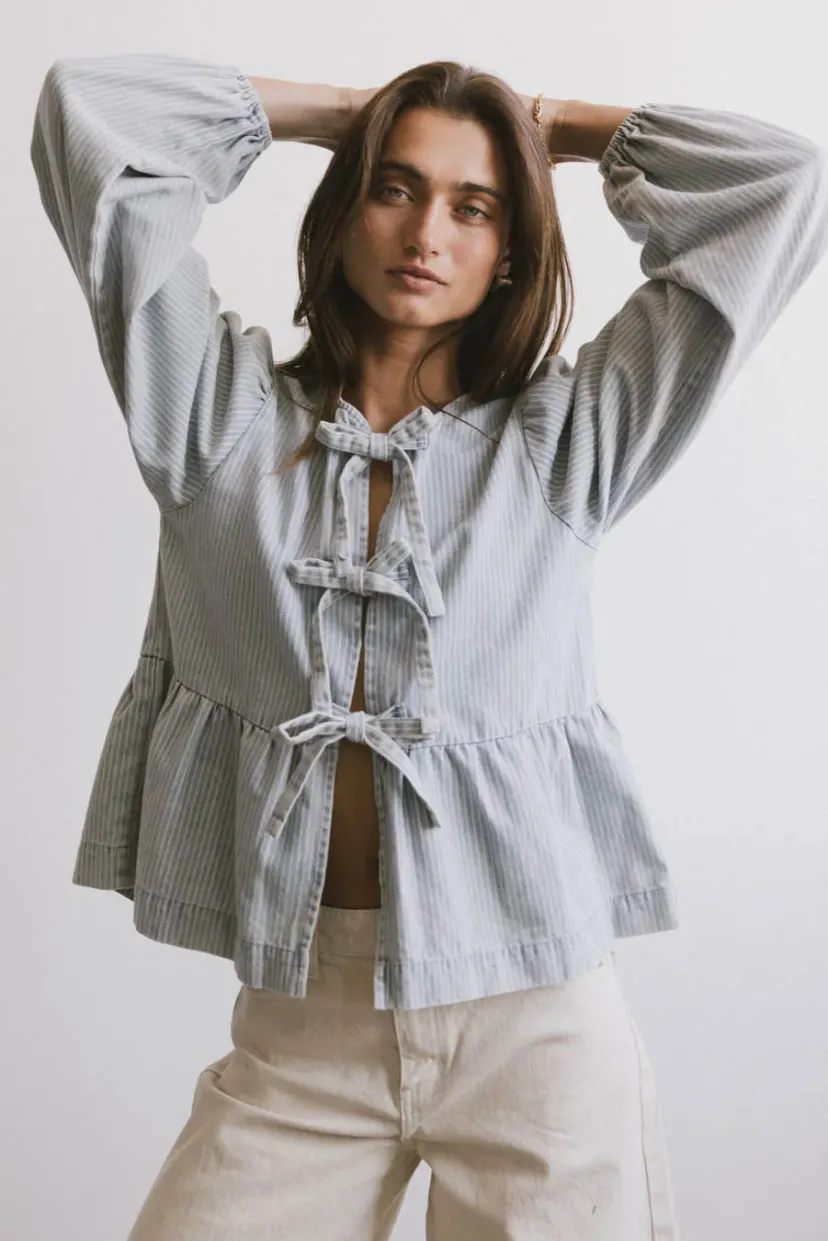 Tops>Bohme Maggie Peplum Tie Blouse in Light Wash Lightwash