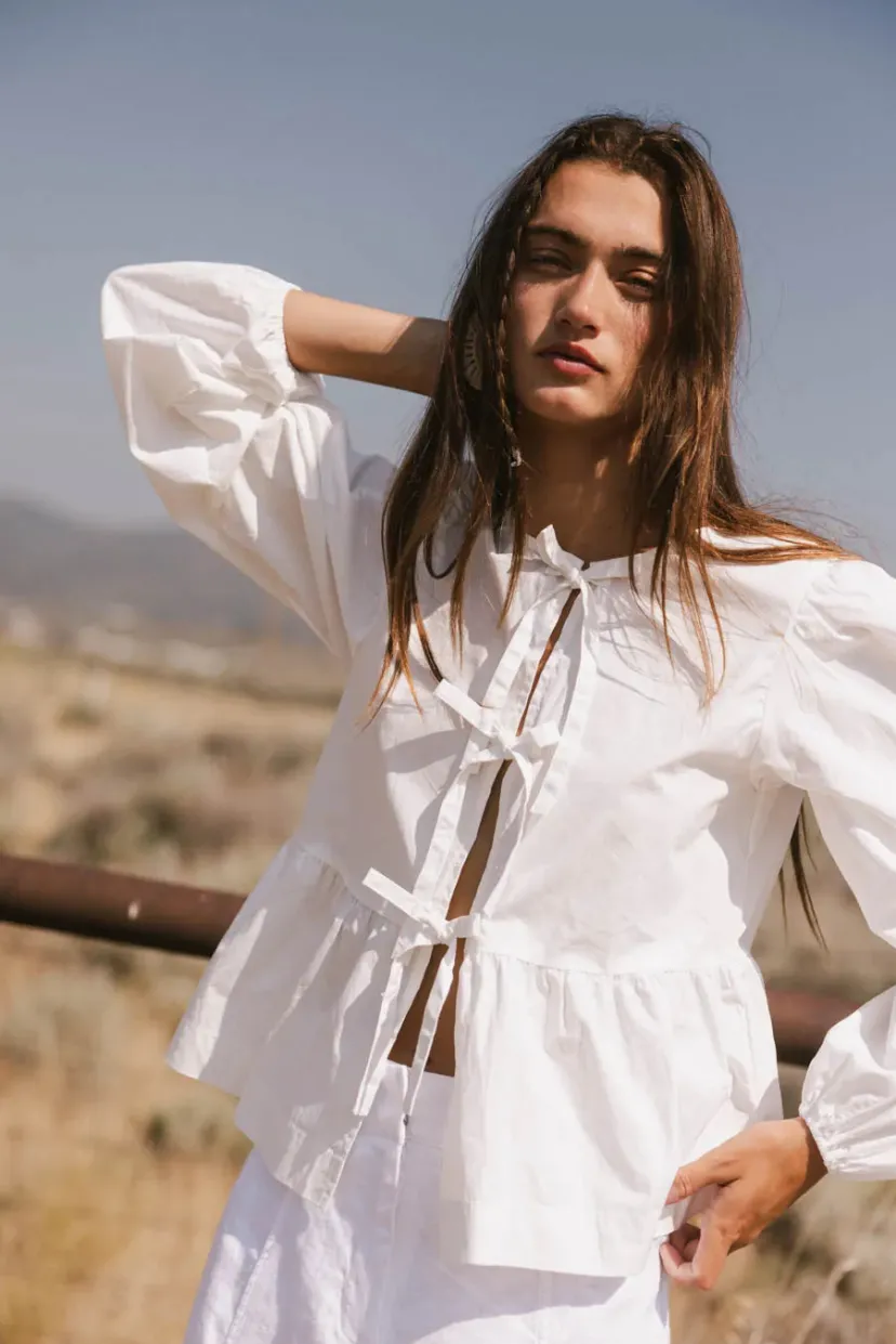 Tops | Blouses>Bohme Maggie Peplum Tie Blouse in White