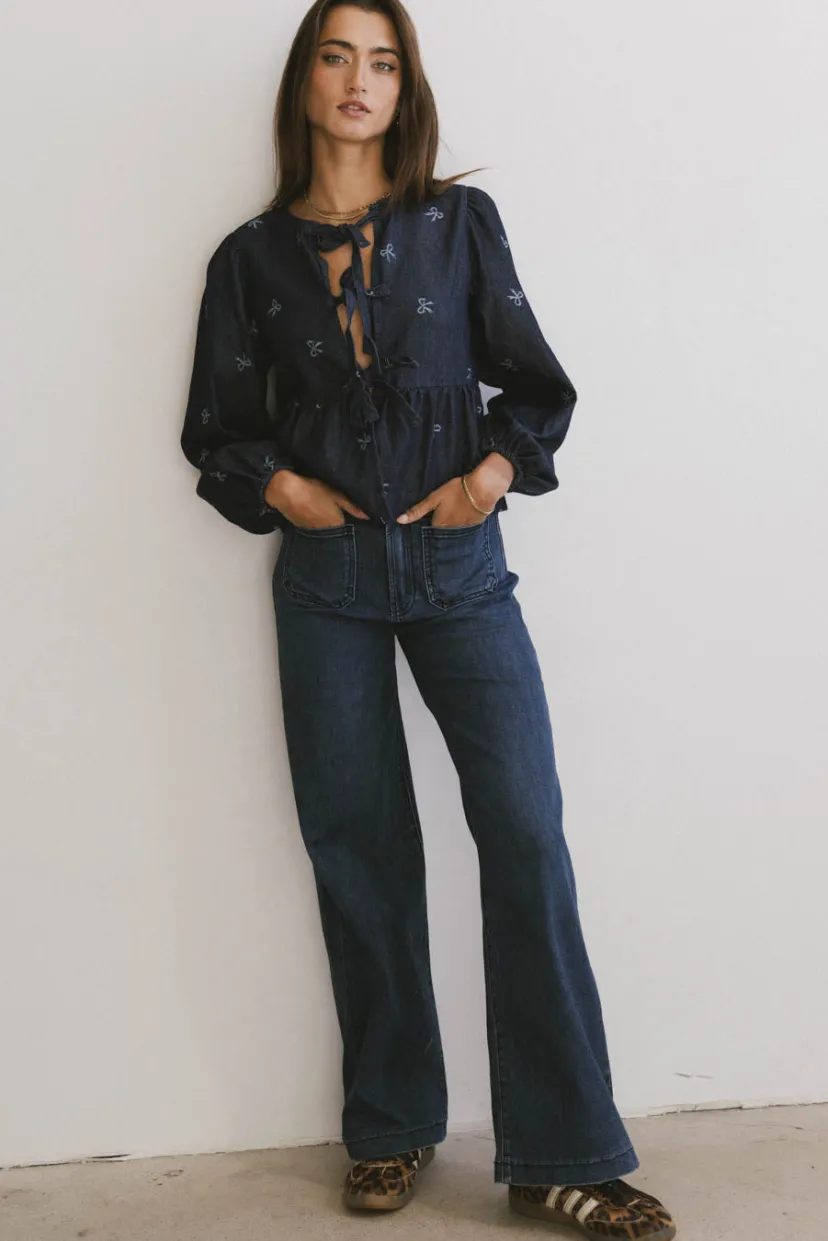 Tops | Blouses>Bohme Maggie Peplum Tie Blouse With Bow Detail Darkwash