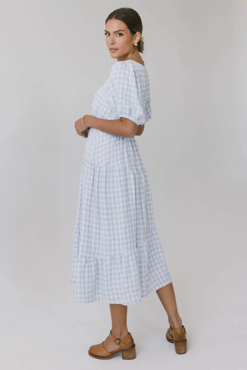 Dresses | Midi Dresses>Bohme Melina Plaid Midi Dress in Blue