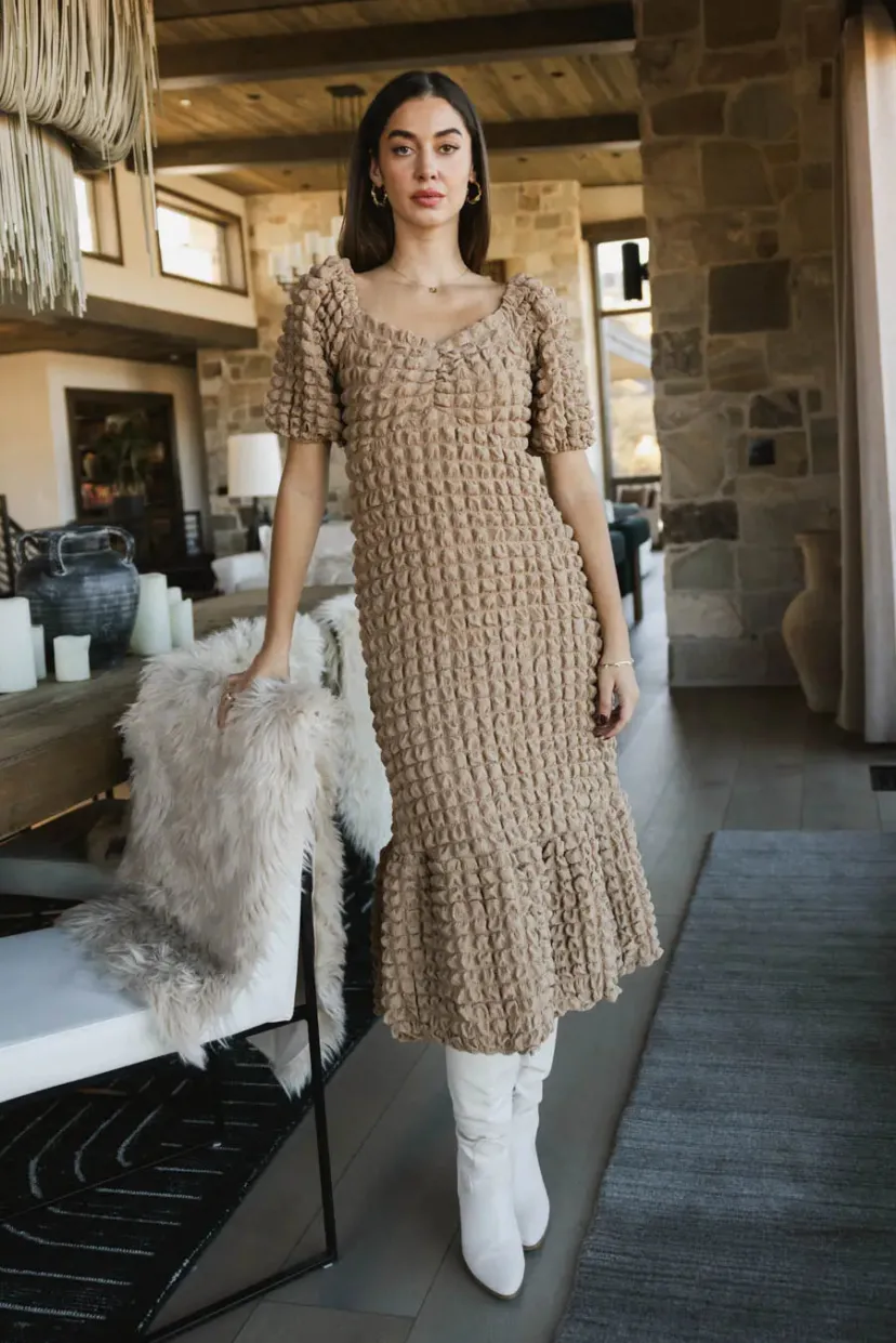 Dresses | Midi Dresses>Bohme Miley Bubble Texture Dress in Tan