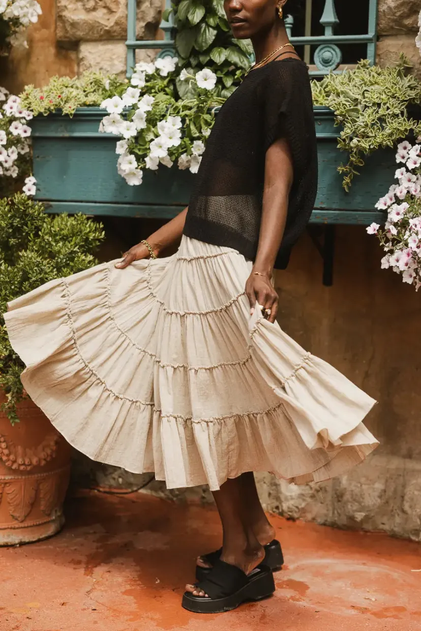 Skirts | All Bottoms>Bohme Minerva Tiered Midi Skirt in Taupe