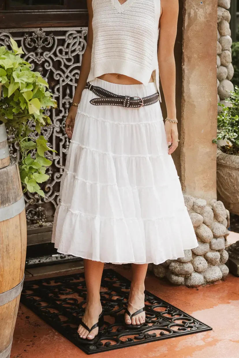 Skirts | All Bottoms>Bohme Minerva Tiered Midi Skirt in White