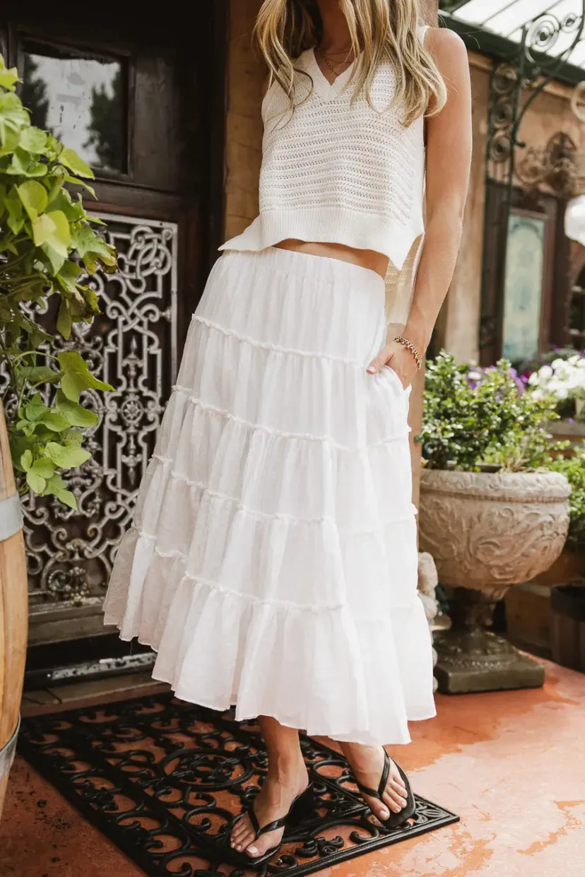 Skirts | All Bottoms>Bohme Minerva Tiered Midi Skirt in White