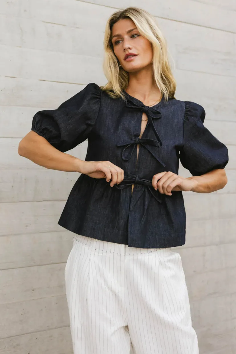 Tops | Blouses>Bohme Natalia Peplum Tie Blouse in Dark Wash Darkwash