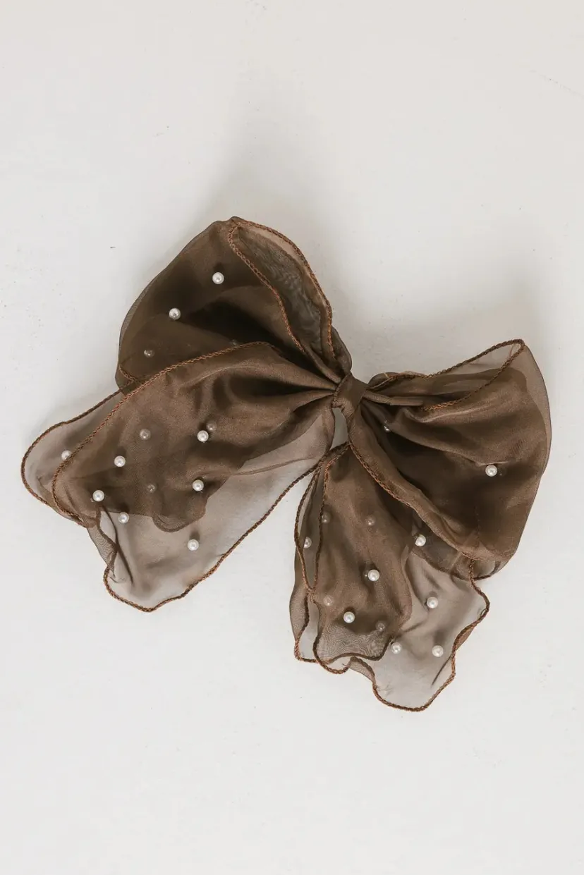 Hair Accessories>Bohme Pearl Bow Hair Clip in Brown