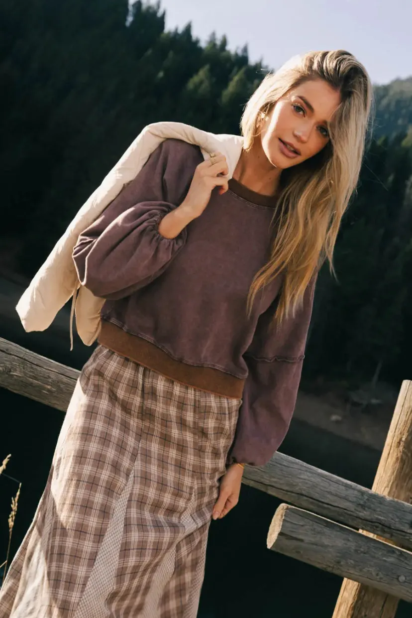 Tops | Sweaters>Bohme Porter Distressed Crewneck in Berry