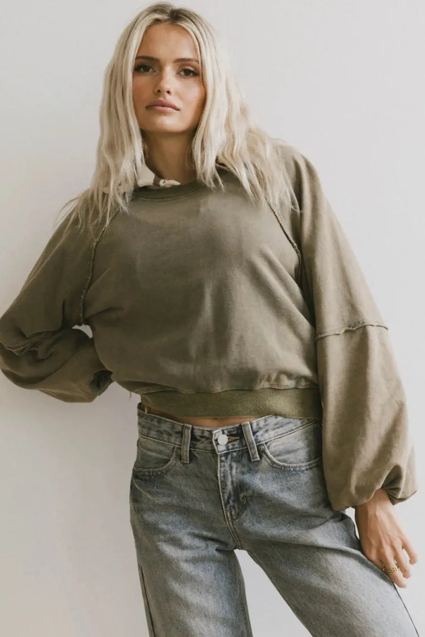 Tops | Sweaters>Bohme Porter Distressed Crewneck in Olive