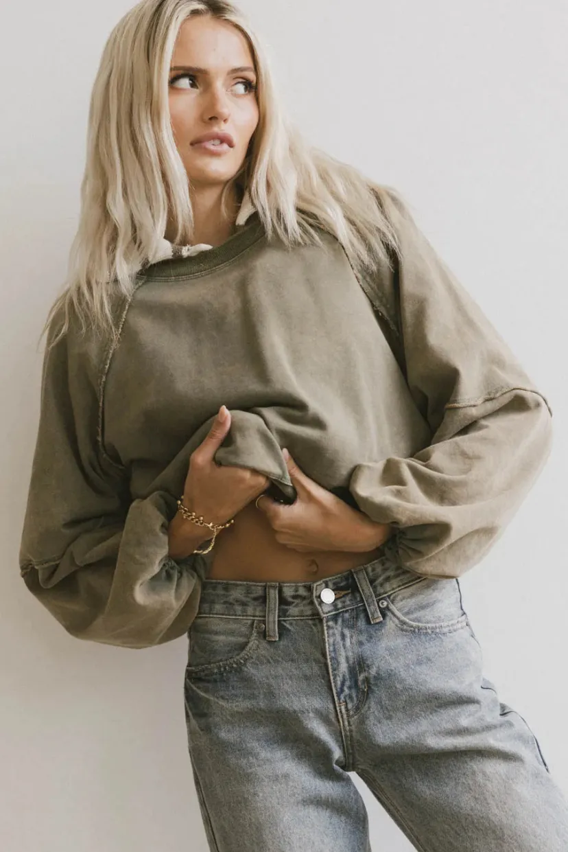 Tops | Sweaters>Bohme Porter Distressed Crewneck in Olive