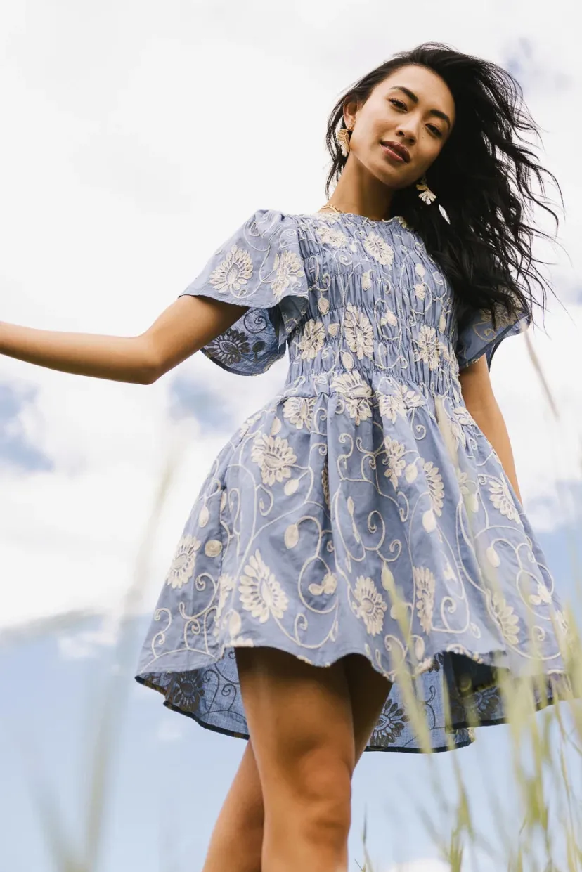 Dresses | Mini Dresses>Bohme Priya Embroidered Mini Dress in Blue