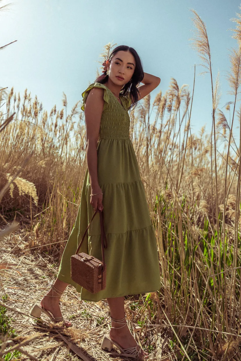 Dresses | Midi Dresses>Bohme Rain Smocked Midi Dress in - FINAL SALE Green