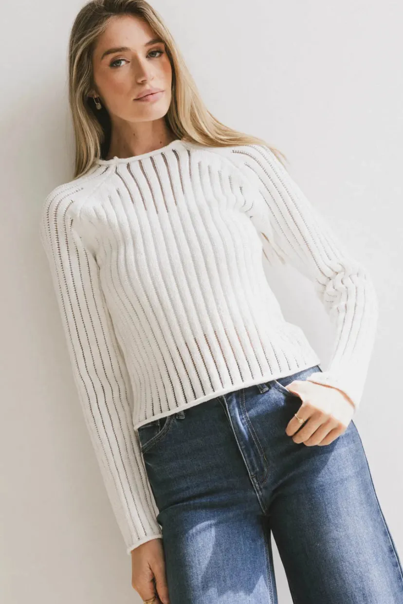 Tops | Sweaters>Bohme Ruby Striped Sheer Sweater in White