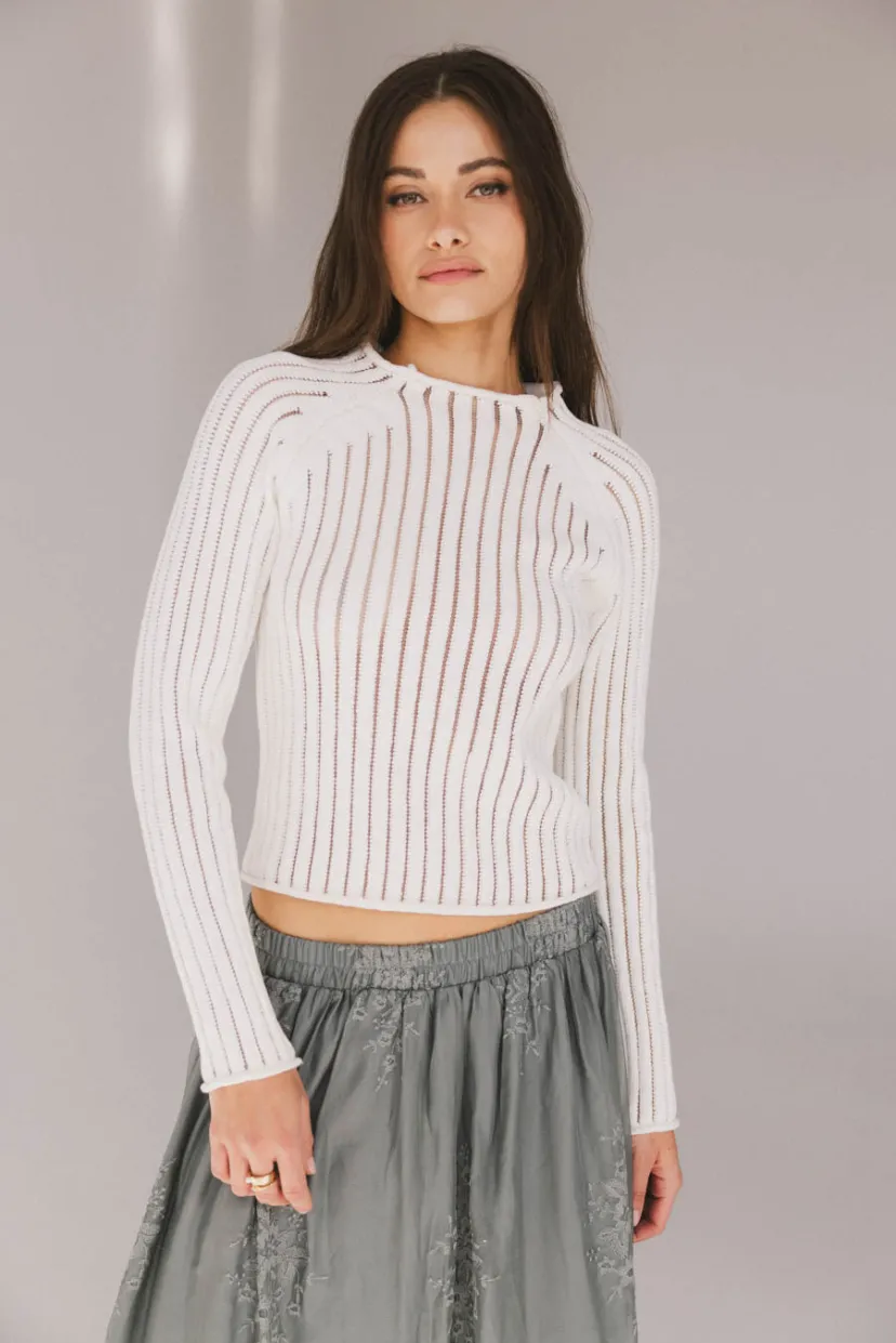 Tops | Sweaters>Bohme Ruby Striped Sheer Sweater in White