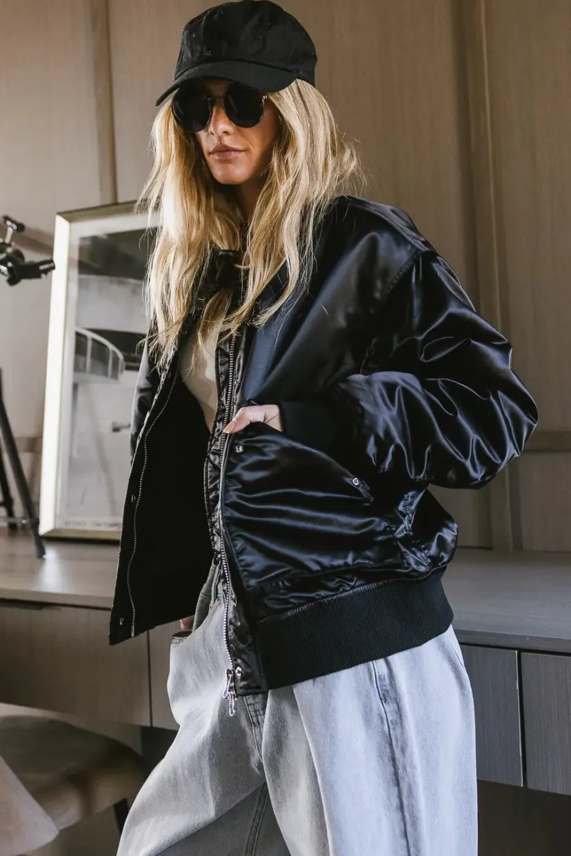 Jackets>Bohme Rylee Satin Bomber Jacket in Black