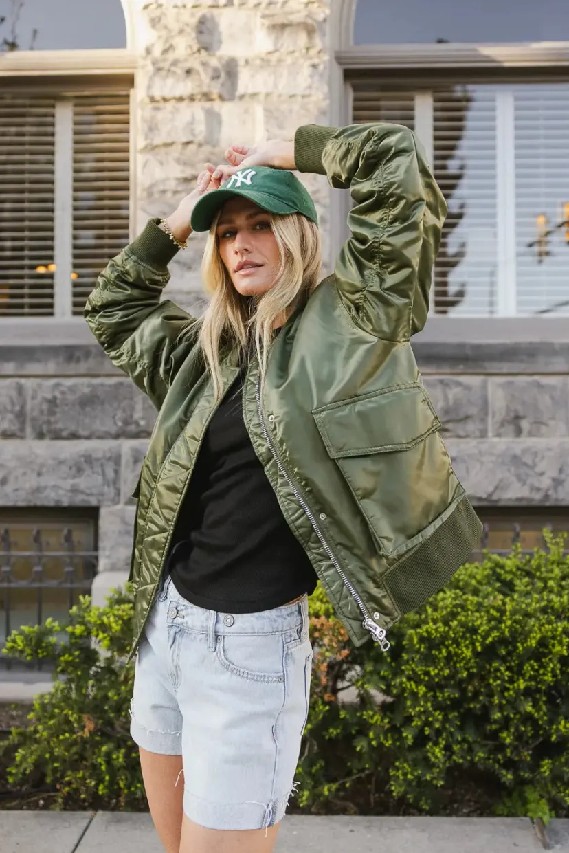 Jackets>Bohme Rylee Satin Bomber Jacket in Green