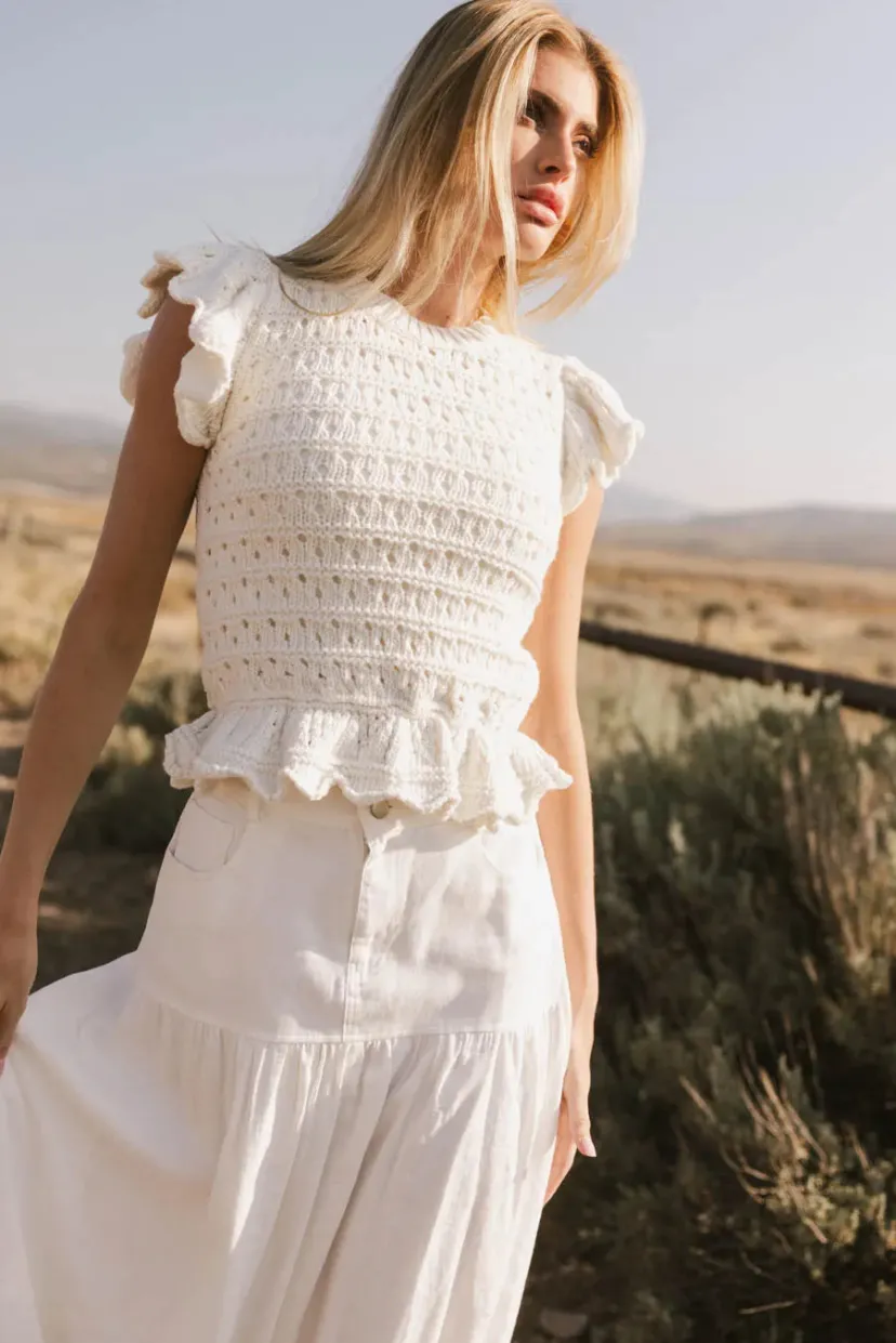 Tops | Sweaters>Bohme Shelly Ruffled Sweater Top in Ivory