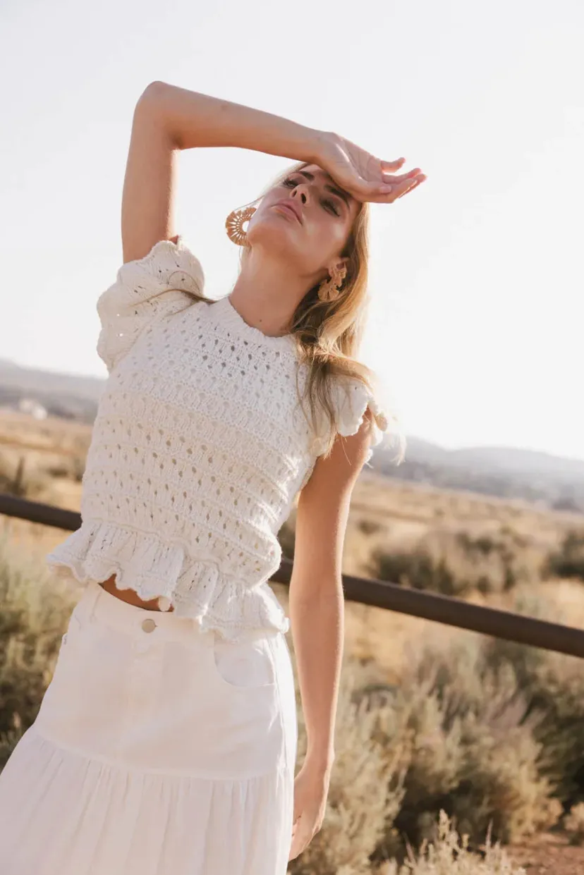 Tops | Sweaters>Bohme Shelly Ruffled Sweater Top in Ivory