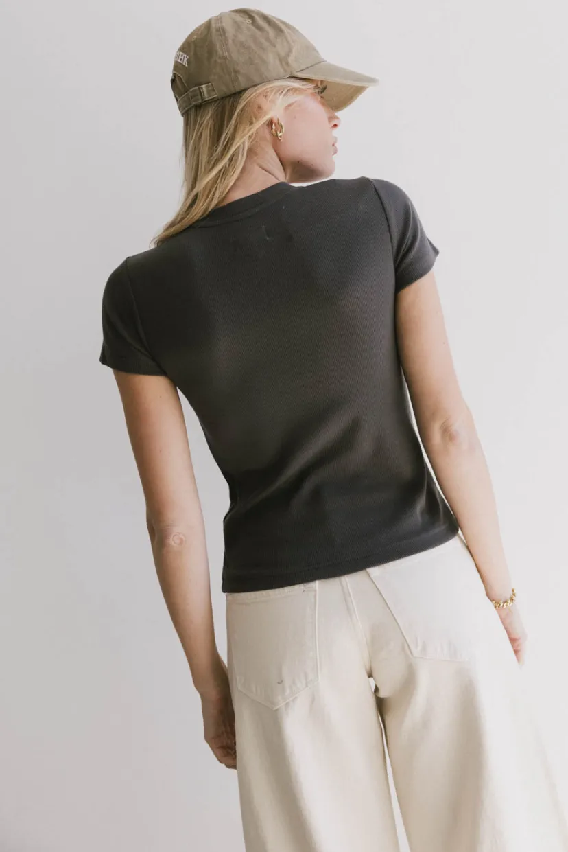 Tops | Essentials>Bohme Tara Ribbed Basic Tee in Charcoal