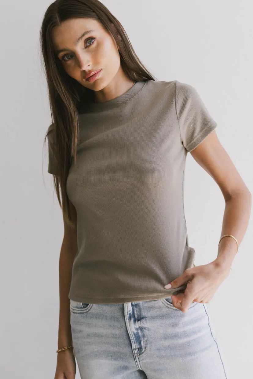 Tops | Essentials>Bohme Tara Ribbed Basic Tee in Taupe