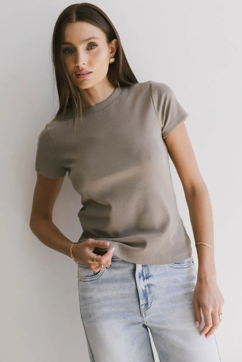 Tops | Essentials>Bohme Tara Ribbed Basic Tee in Taupe