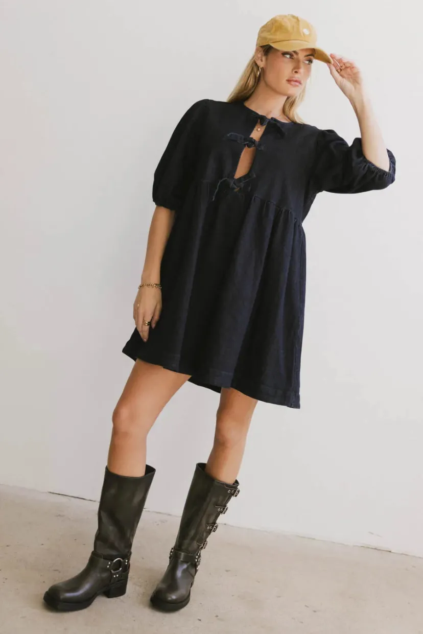 Dresses>Bohme Tori Peplum Mini Dress in Dark Wash Darkwash