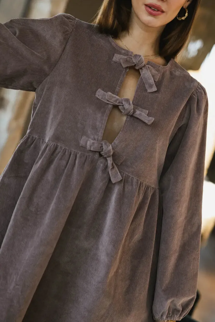 Dresses | Mini Dresses>Bohme Tyler Peplum Mini Dress in Corduroy Mauve