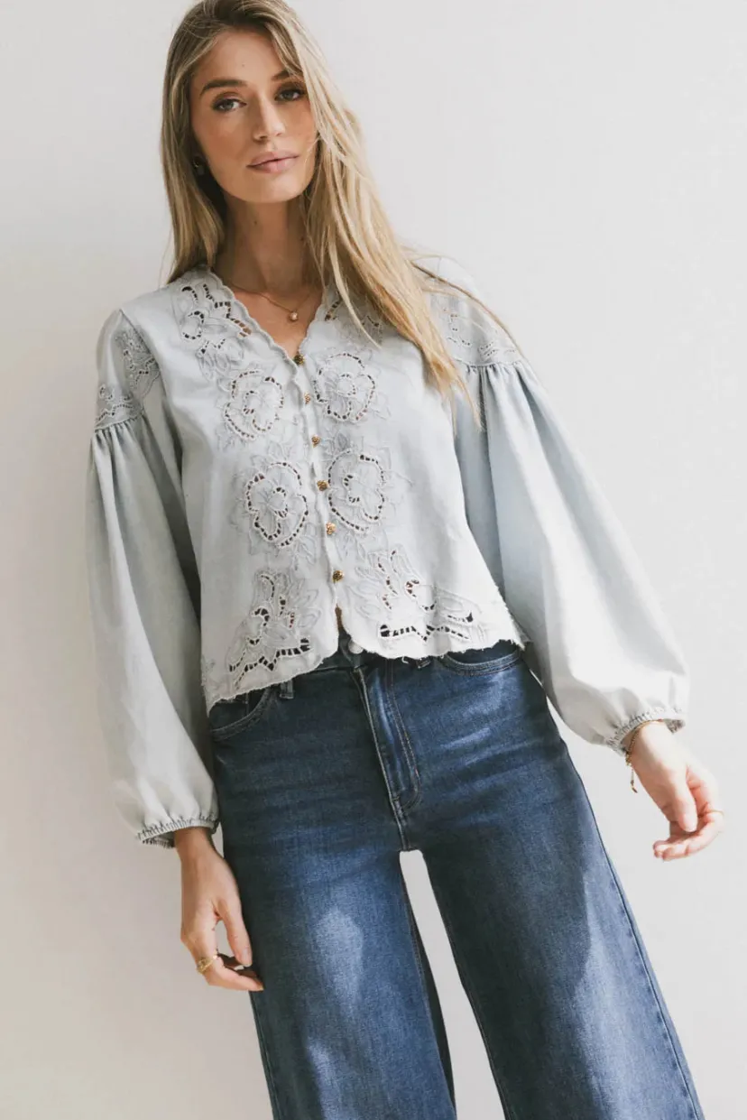 Tops>Bohme Violet Embroidered Blouse in Denim