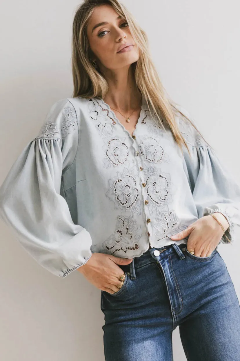 Tops>Bohme Violet Embroidered Blouse in Denim