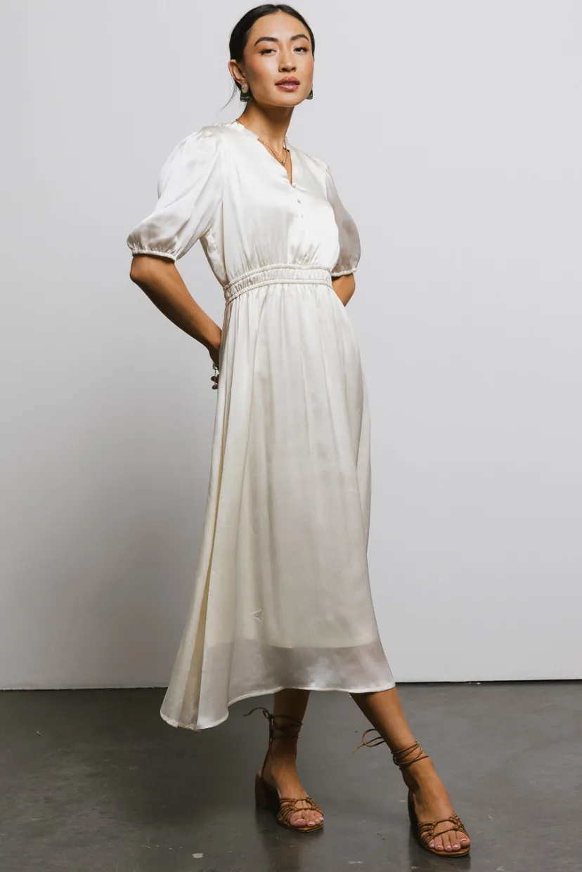 Dresses>Bohme V-Neck Satin Midi Dress in Cream