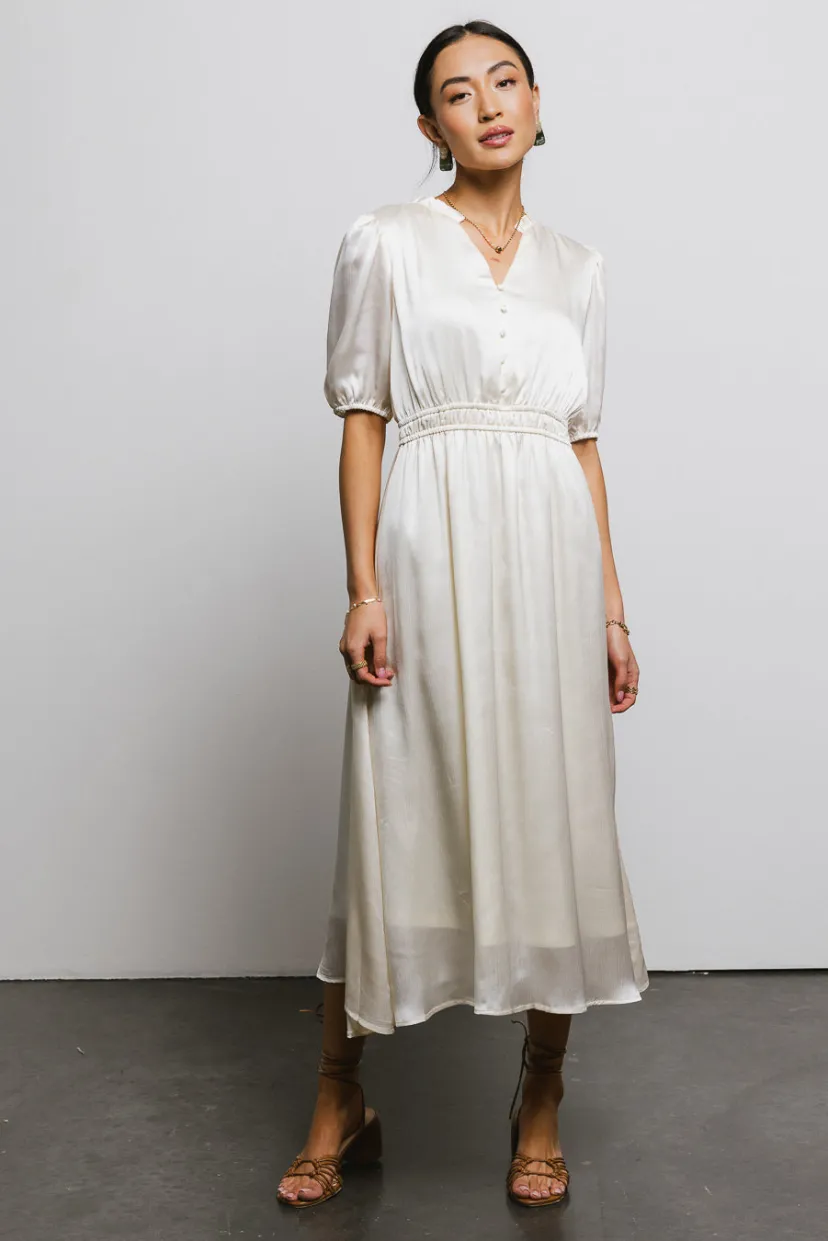 Dresses>Bohme V-Neck Satin Midi Dress in Cream