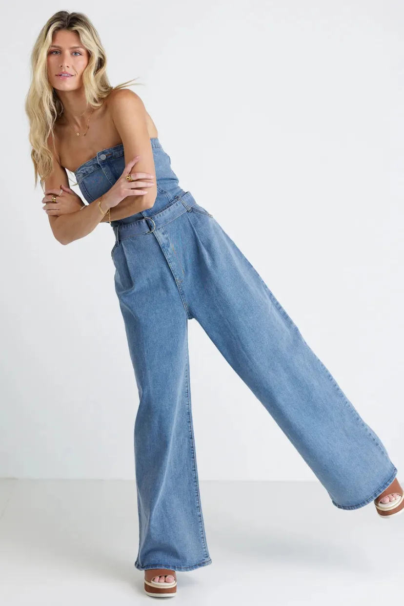 Jumpsuits & Overalls>Bohme Wide Leg Denim Jumpsuit - FINAL SALE