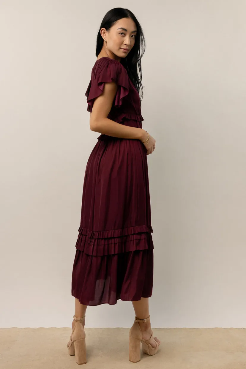 Dresses | Midi Dresses>Bohme Willa Ruffle Dress in Burgundy