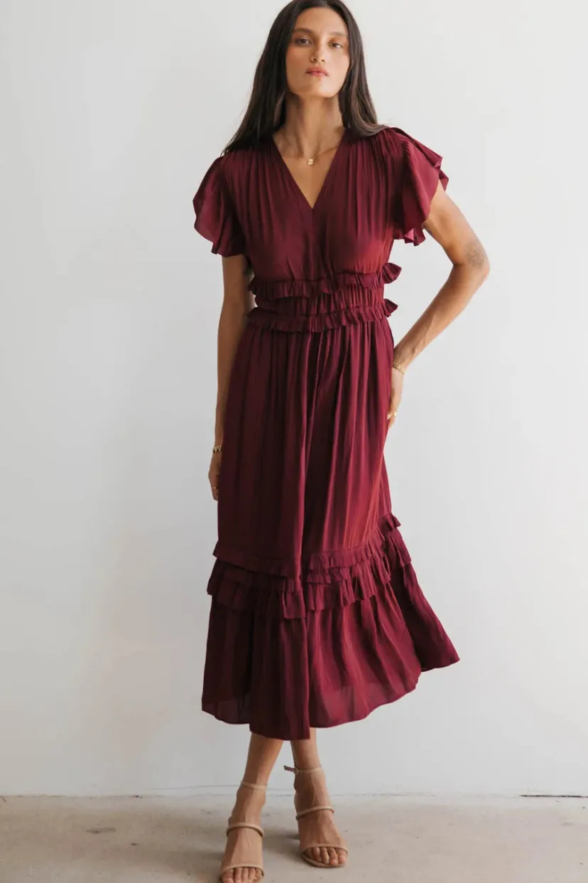 Dresses | Midi Dresses>Bohme Willa Ruffle Dress in Burgundy