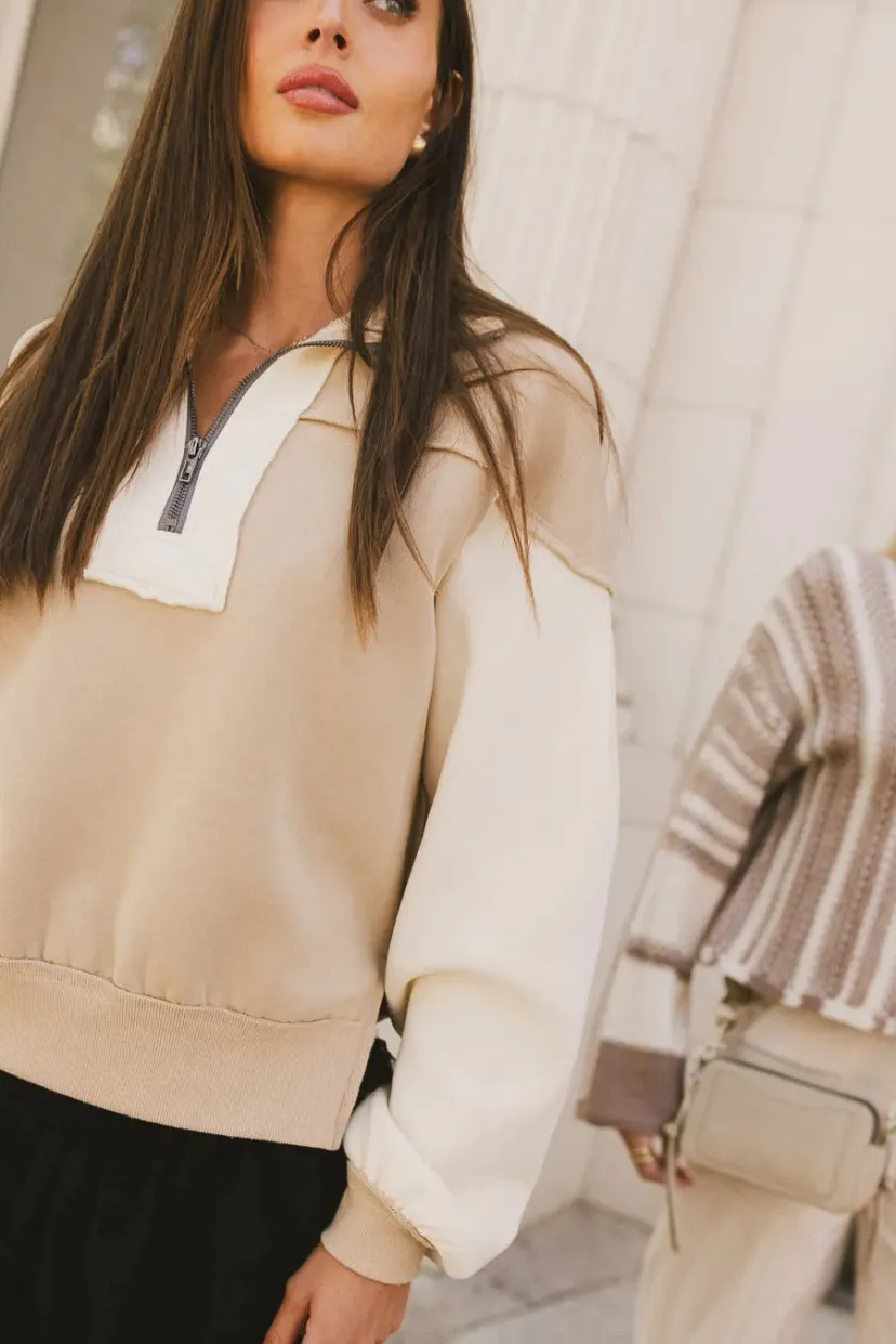 Tops | Jackets>Bohme Zeya Half Zip Sweatshirt in Tan