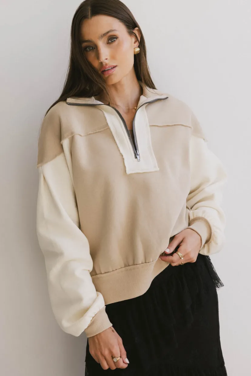 Tops | Jackets>Bohme Zeya Half Zip Sweatshirt in Tan