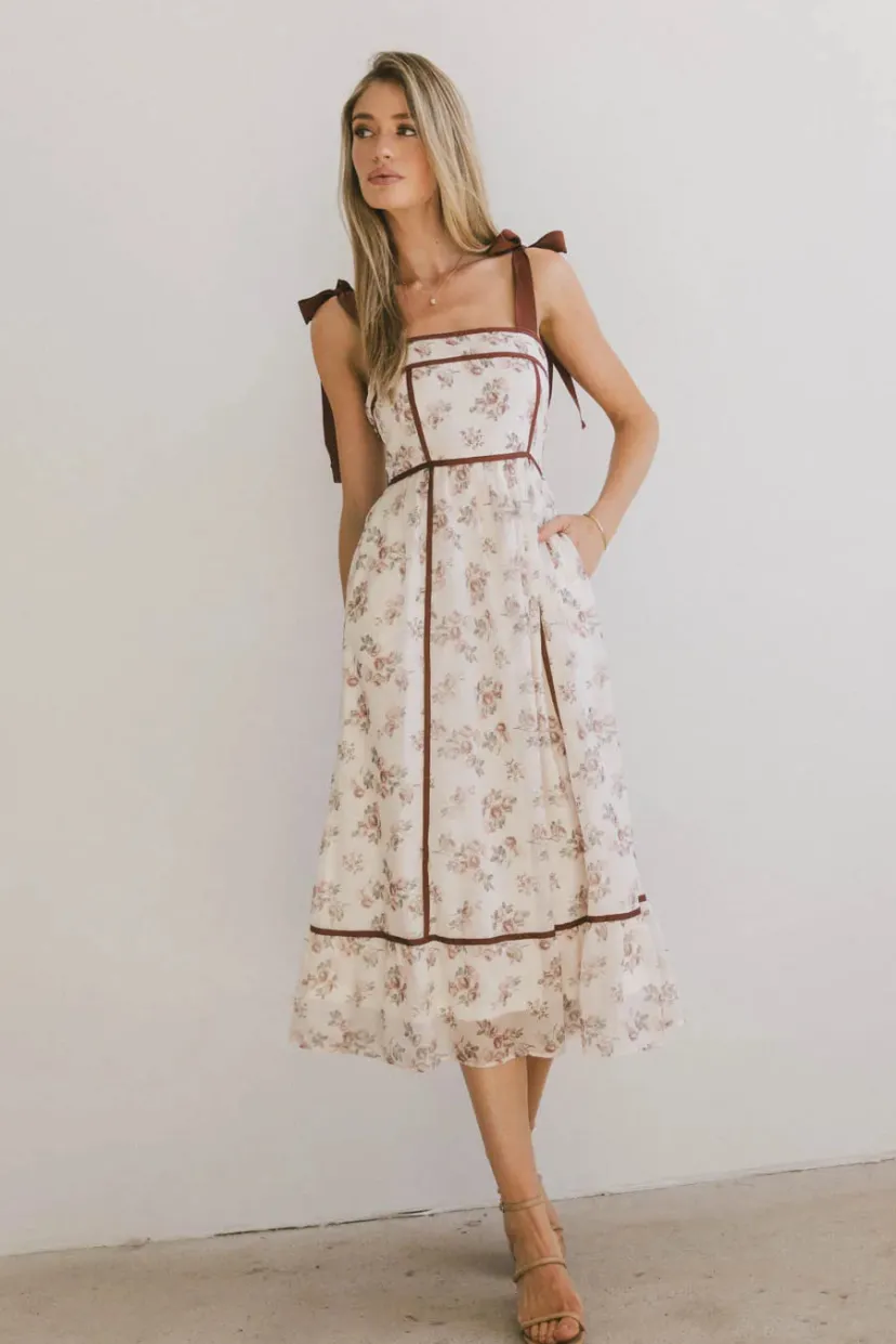 Dresses | Midi Dresses>Bohme Zinnia Floral Tie Strap Dress Cream