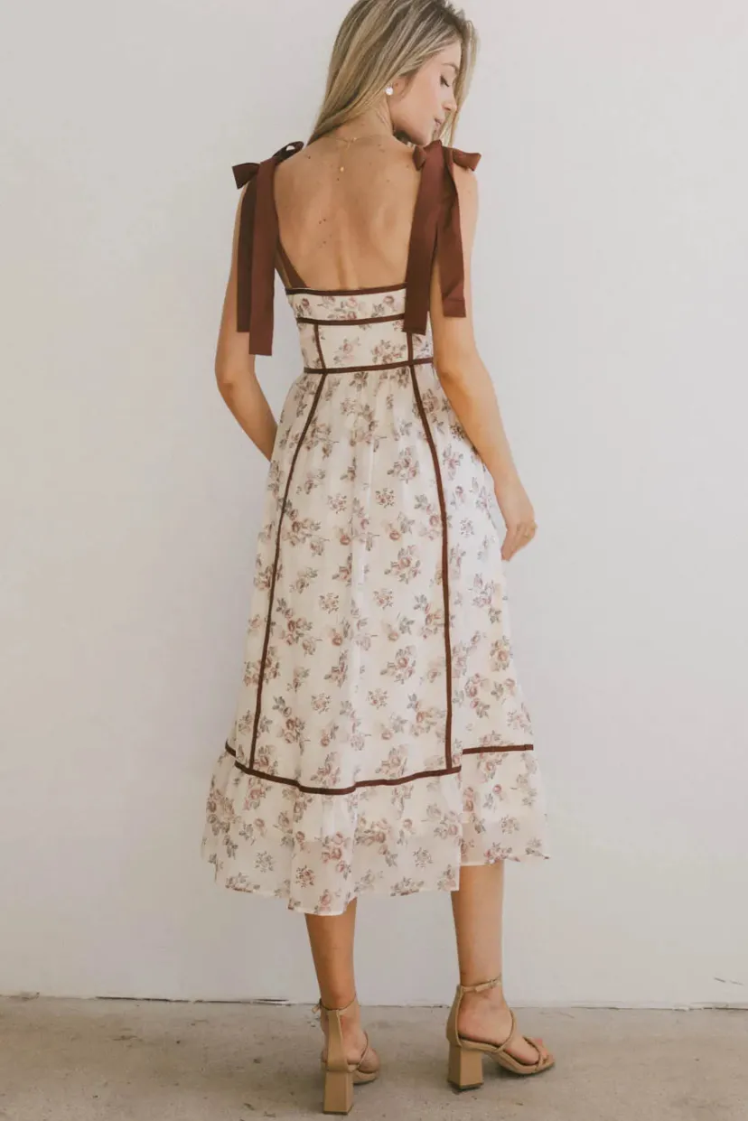 Dresses | Midi Dresses>Bohme Zinnia Floral Tie Strap Dress Cream